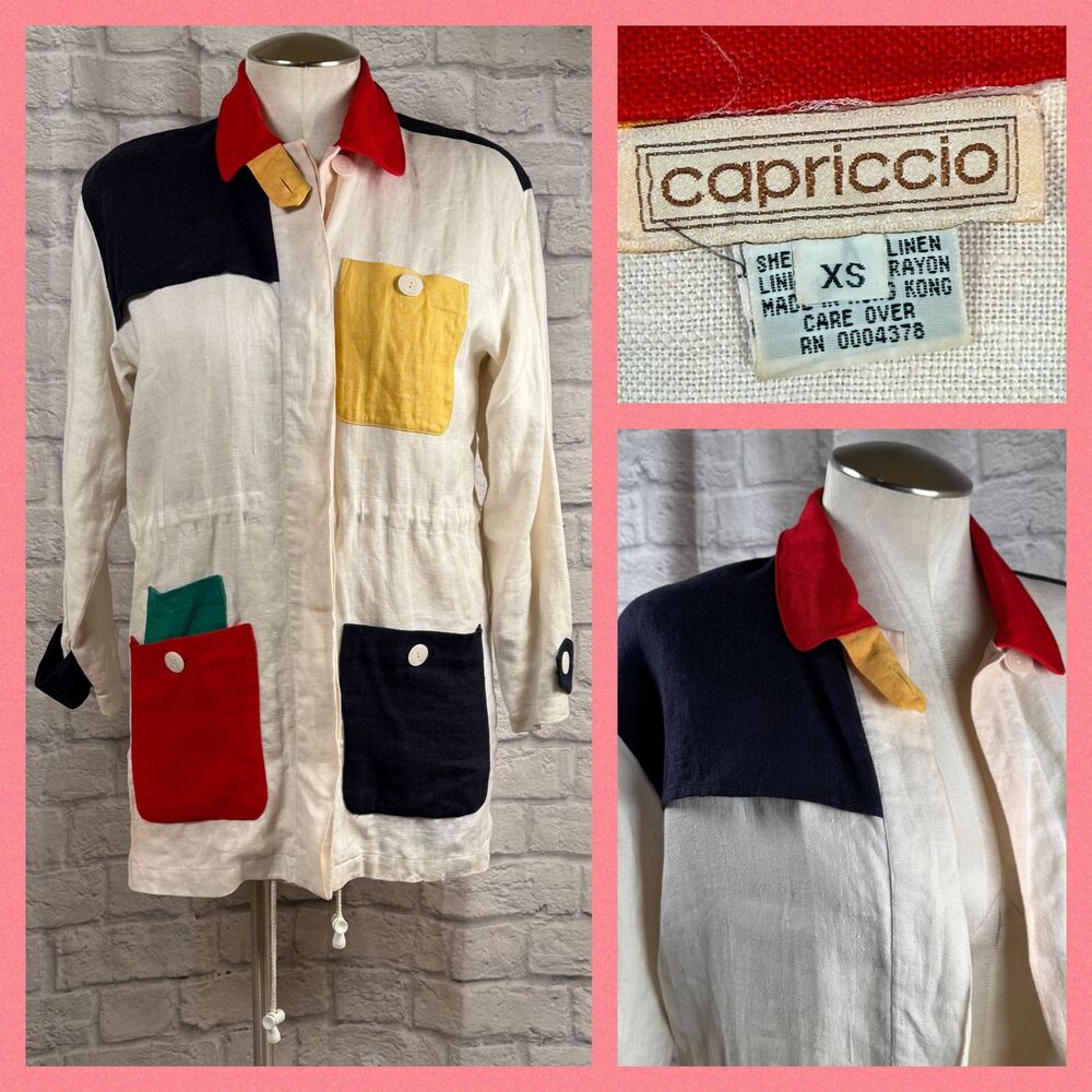 Vintage Capriccio Color Block Oversized Jacket Women's XS Linen Shoulder Pads